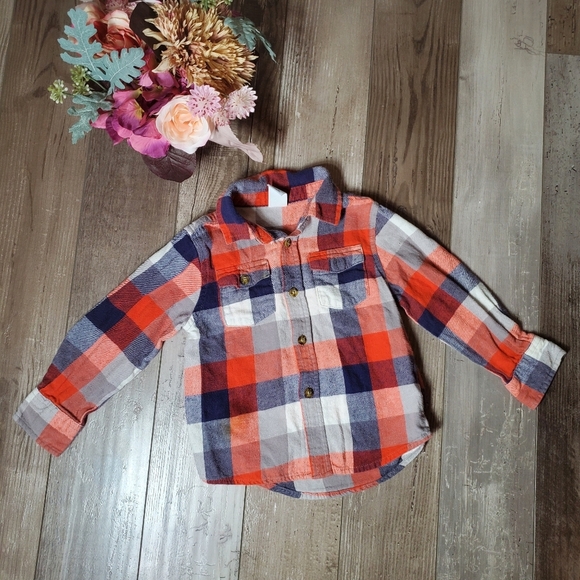 Healthtex Orange Blue White Checked Plaid Button Down Flannel Shirt Size 4T EUC - Picture 10 of 15